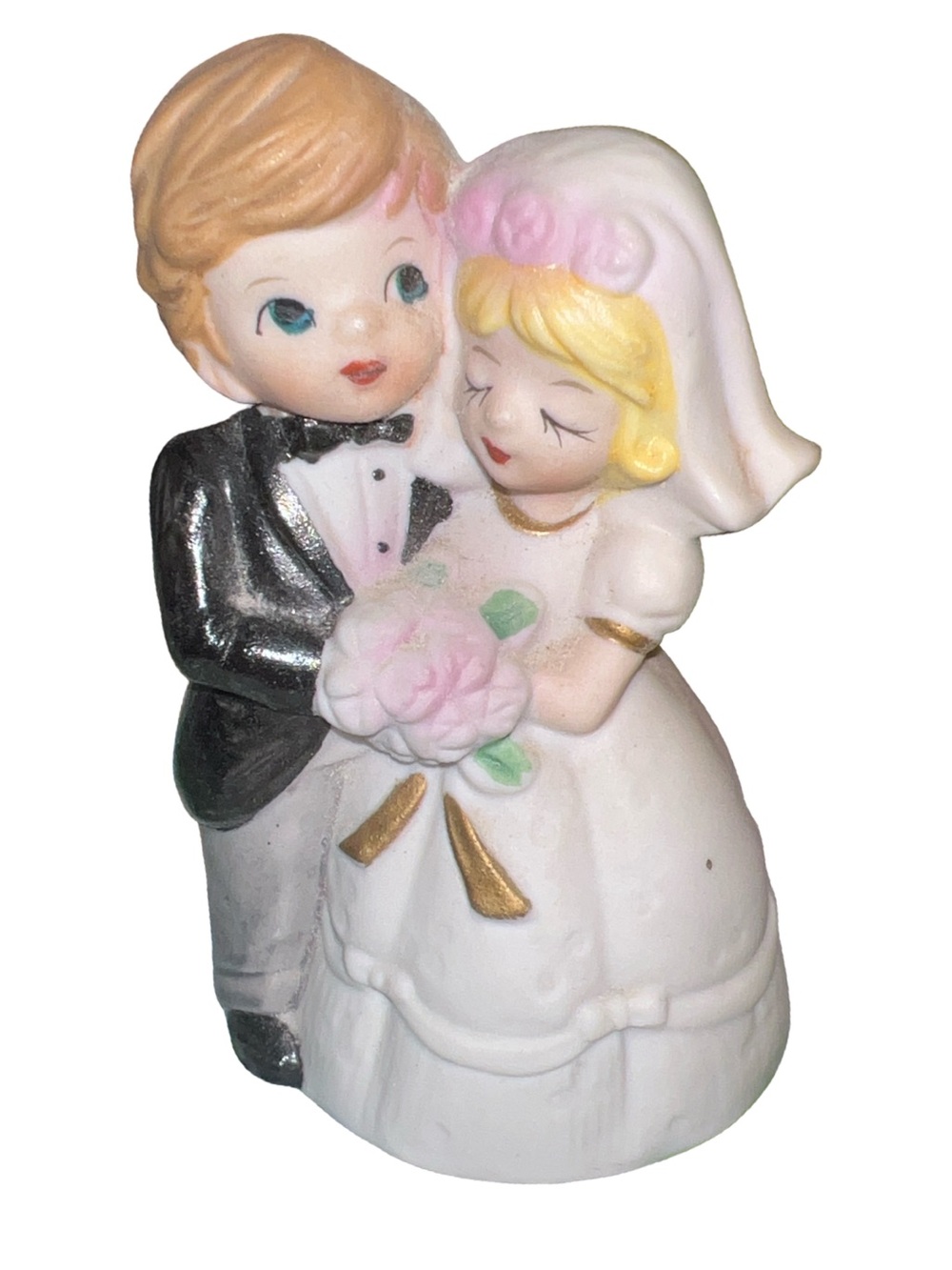 Ceramic Wedding Bell Figurine Hand Painted Floral White Black Pink Green